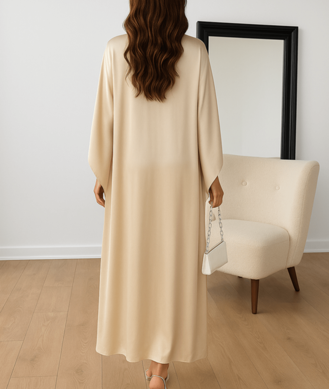 Satin maxi abaya dress with draped sleeves and cape-style back, cream