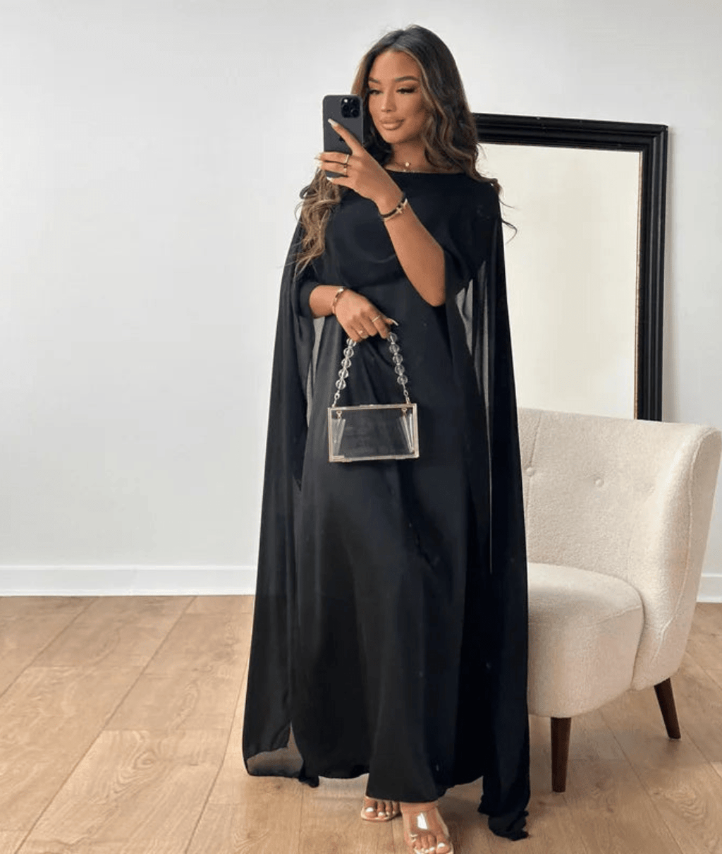 Satin maxi abaya dress with cape sleeves and flowing drape, dark