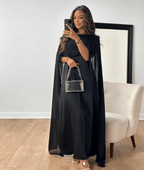Satin maxi abaya dress with cape sleeves and flowing drape, dark