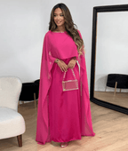 Satin maxi abaya dress with loose cape sleeves, magenta