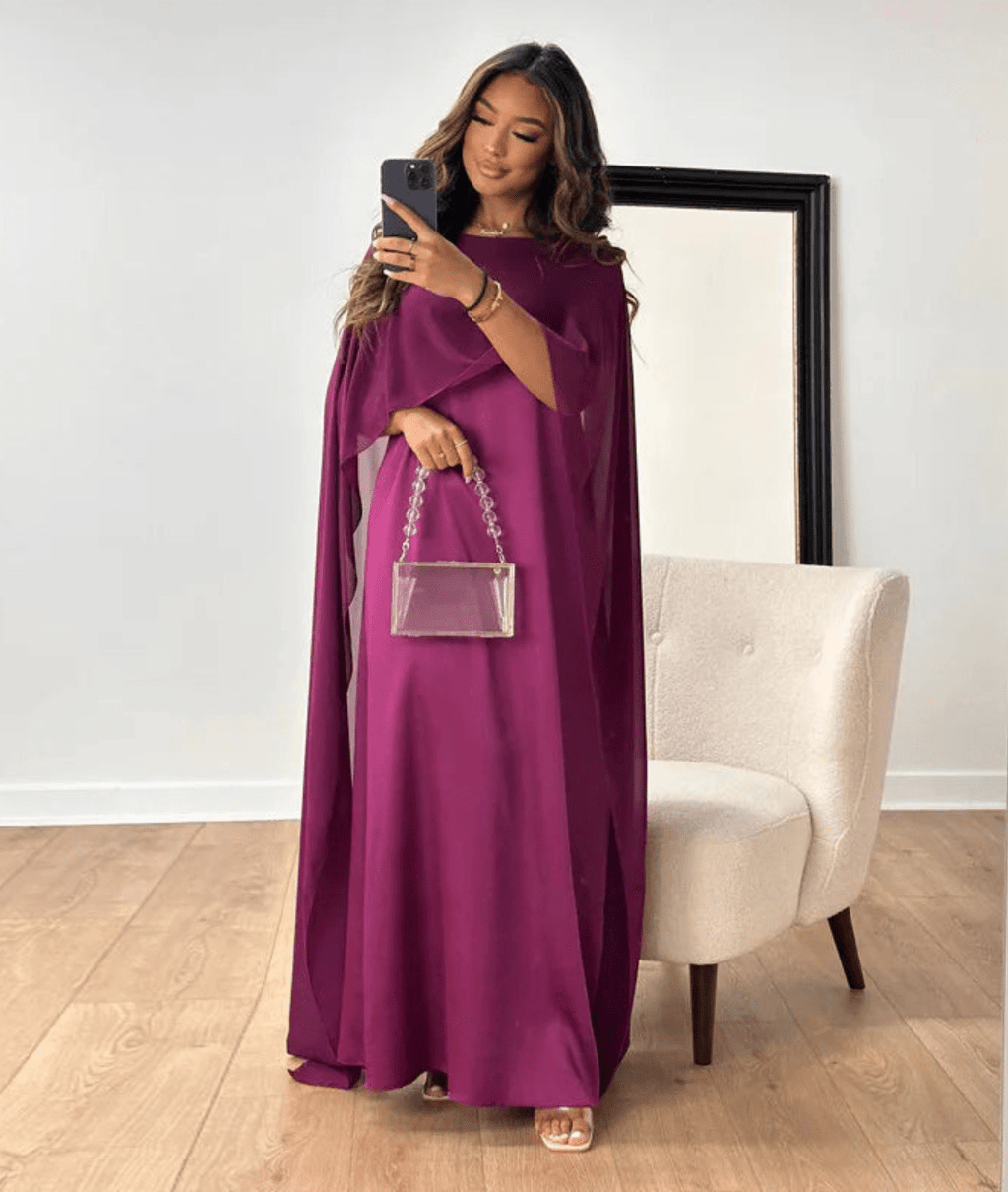 Satin maxi abaya dress with cape sleeves and flowing drape, purple