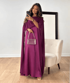 Satin maxi abaya dress with cape sleeves and flowing drape, purple