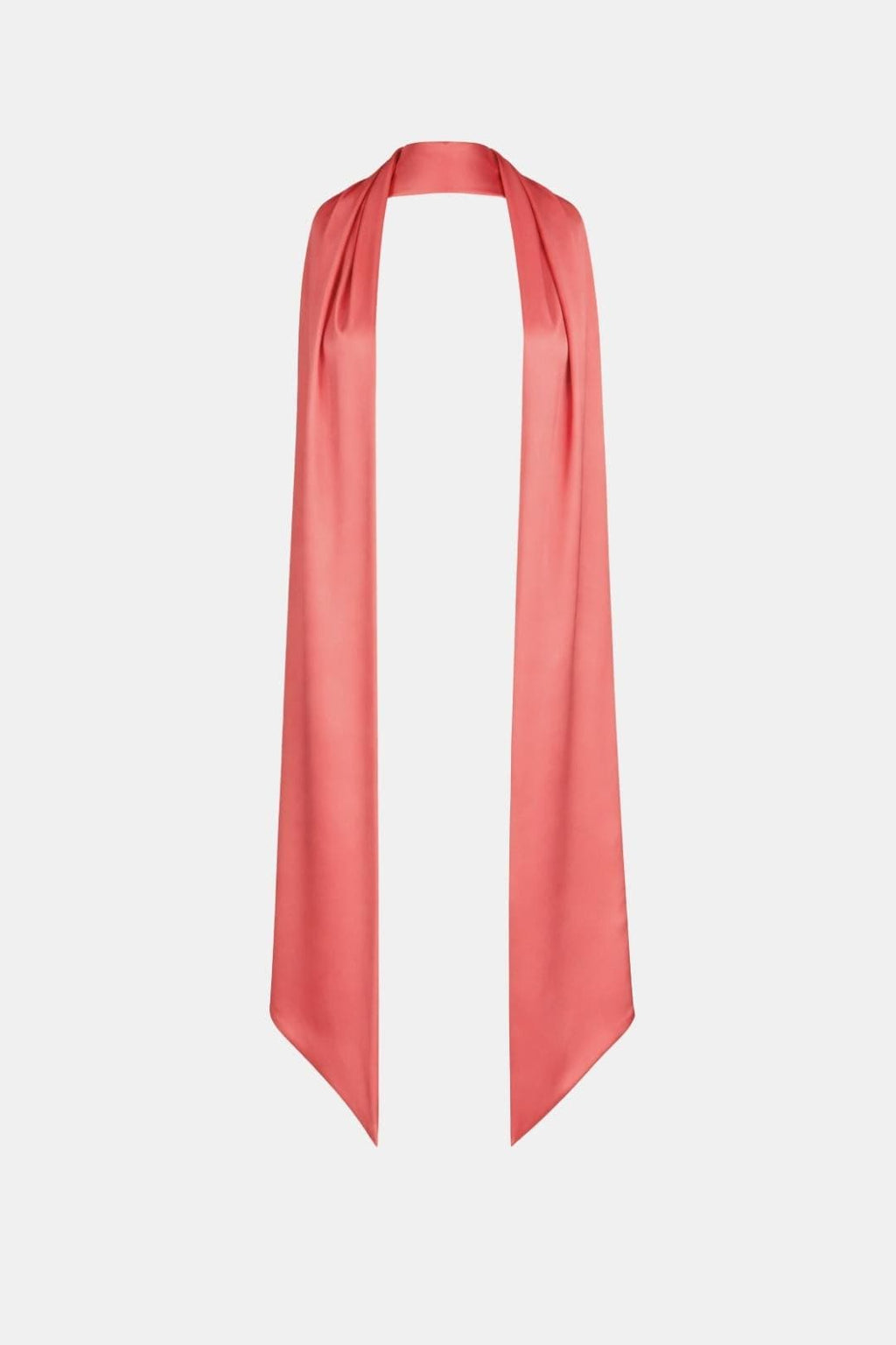 Coral pink satin long scarf with narrow ends, draped and tied at the neck