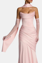 Blush pink satin long scarf with pointed ends, draped from the neck