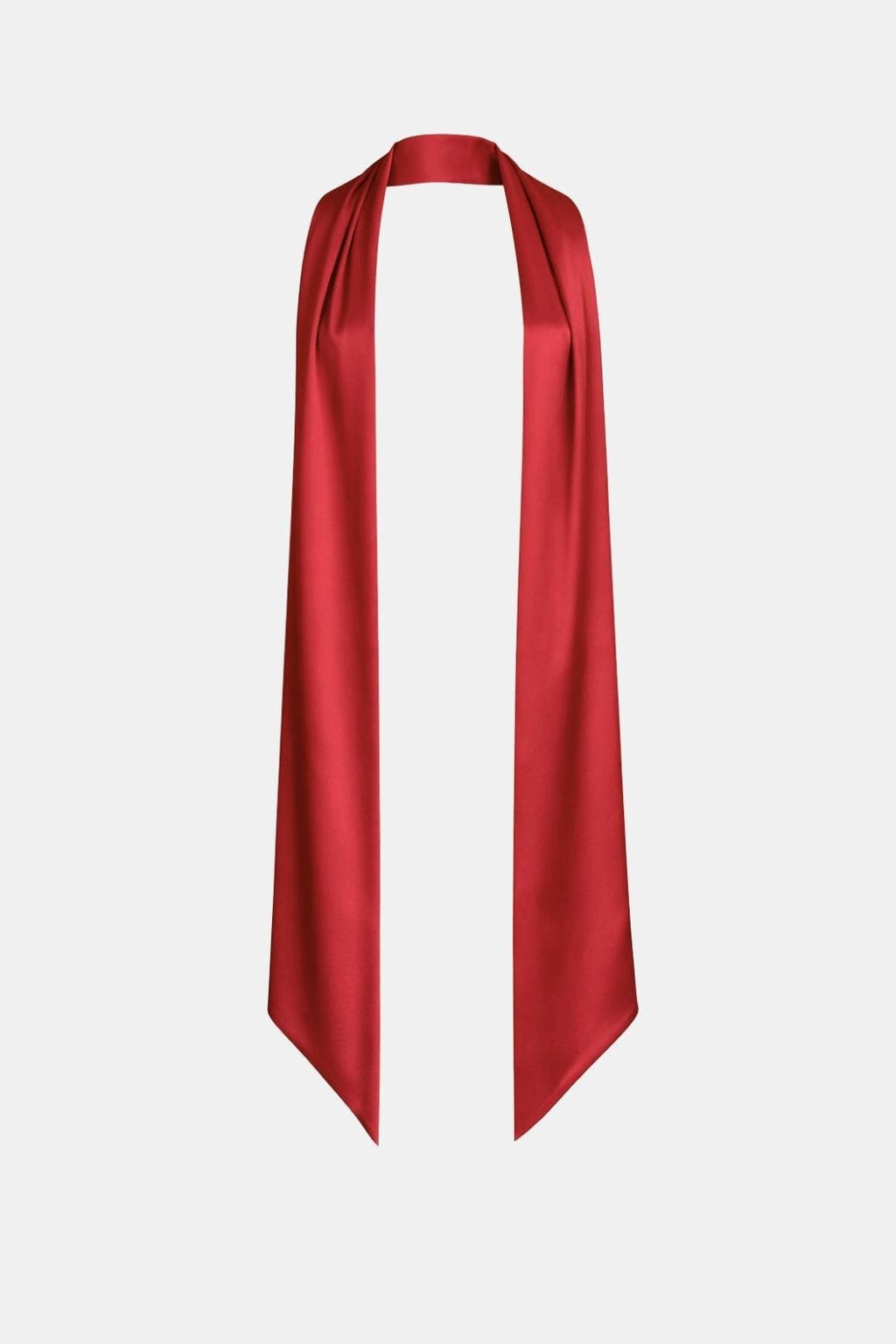 Women's satin neck scarf in deep red with long drape and pointed ends