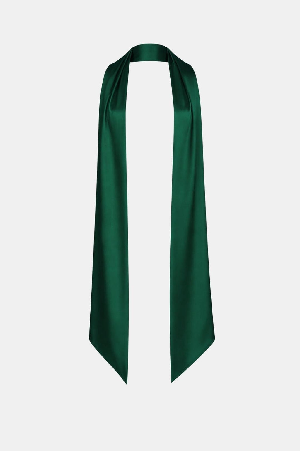 Women's satin neck scarf in emerald green with long drape and pointed ends
