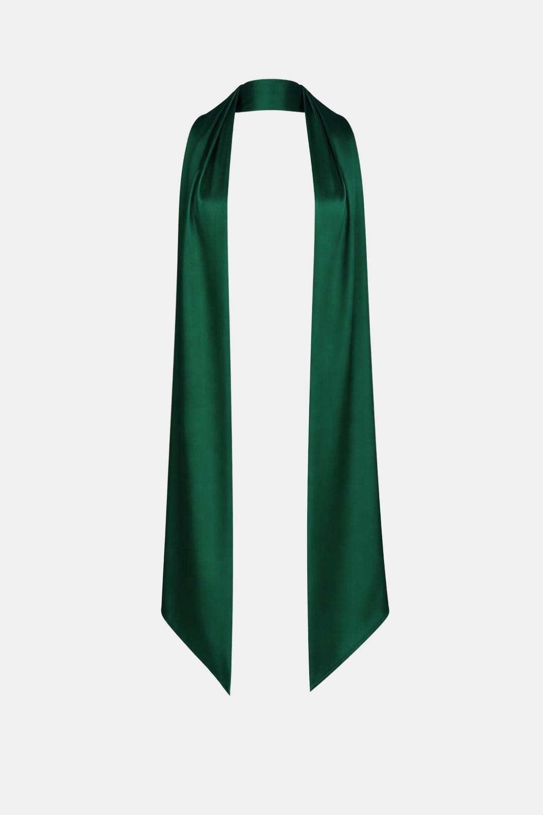 Women's satin neck scarf in emerald green with long drape and pointed ends