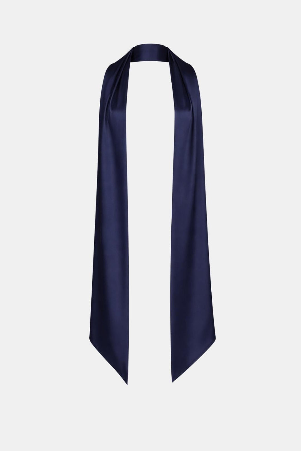 Women's satin neck scarf in navy with long drape and pointed ends