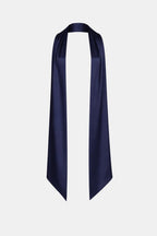 Women's satin neck scarf in navy with long drape and pointed ends