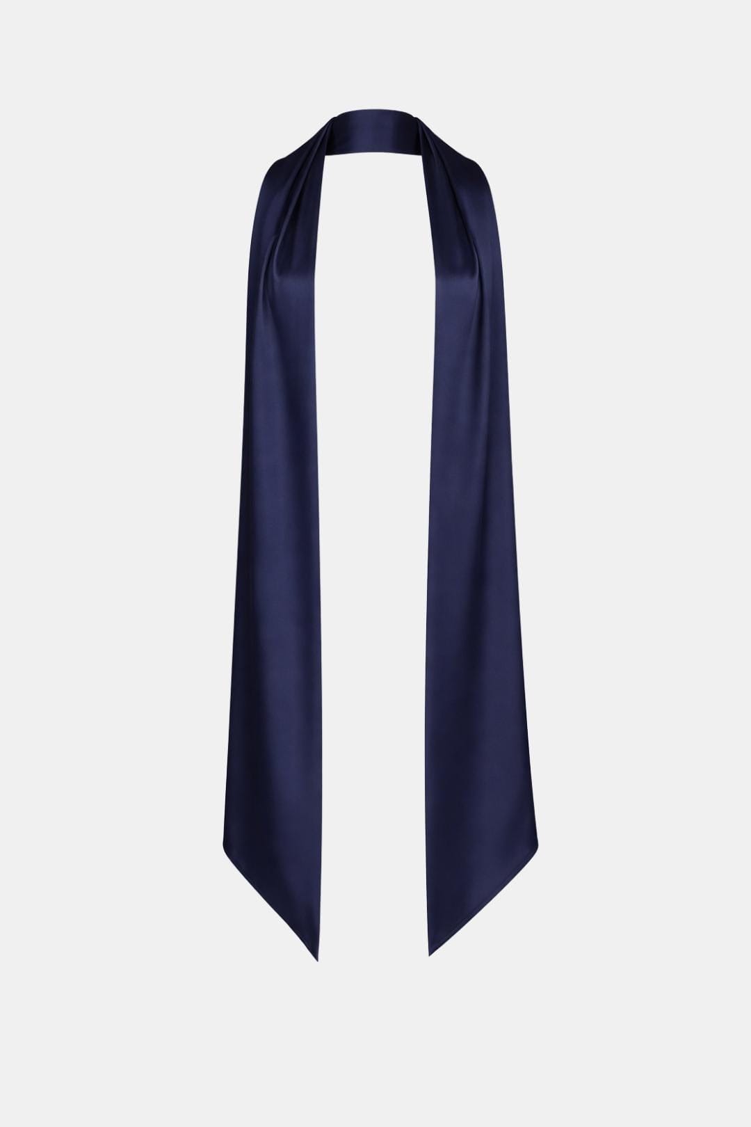 Women's satin neck scarf in navy with long drape and pointed ends