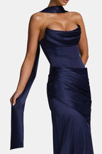 Navy satin long scarf with long trailing ends, draped around the neck