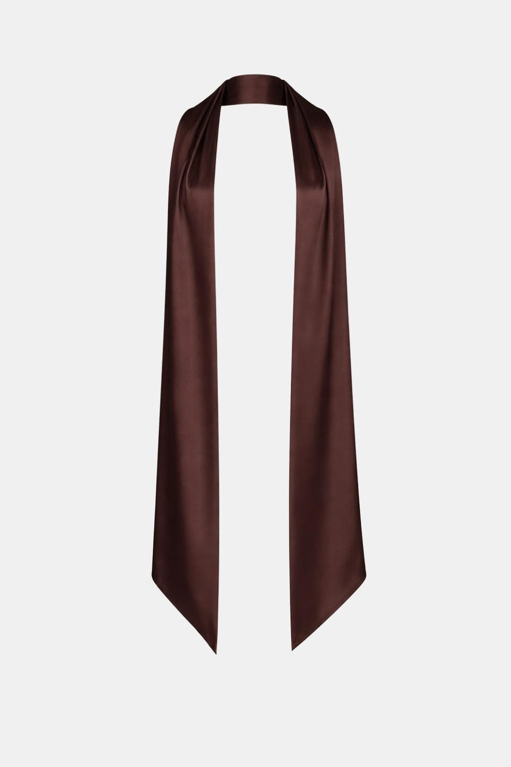 Women's satin neck scarf in plum brown with long drape and pointed ends