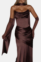 Women's satin neck scarf in plum brown with long pointed ends