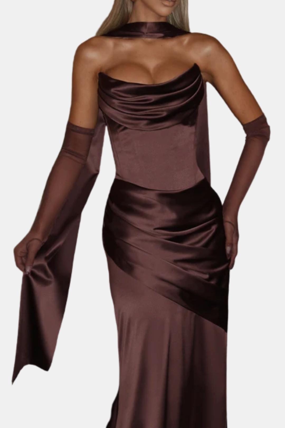 Women's satin neck scarf in plum brown with long pointed ends