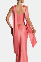 Coral pink satin long scarf with narrow long ends, draped down the back