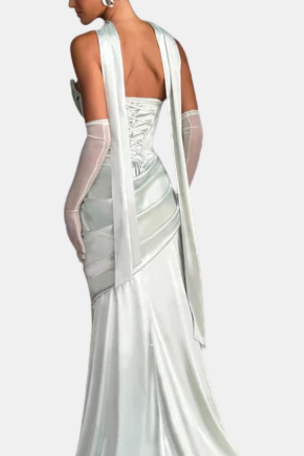 Ivory satin long scarf with long flowing ends, worn across the upper body
