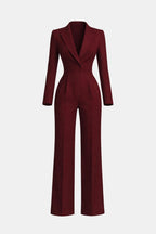 Burgundy wrap-front tailored jumpsuit with long sleeves and wide-leg pants