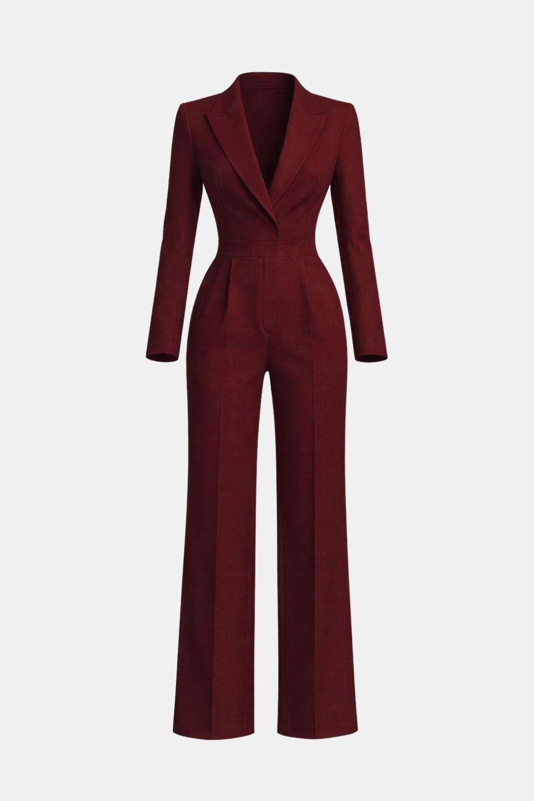 Burgundy wrap-front tailored jumpsuit with long sleeves and wide-leg pants