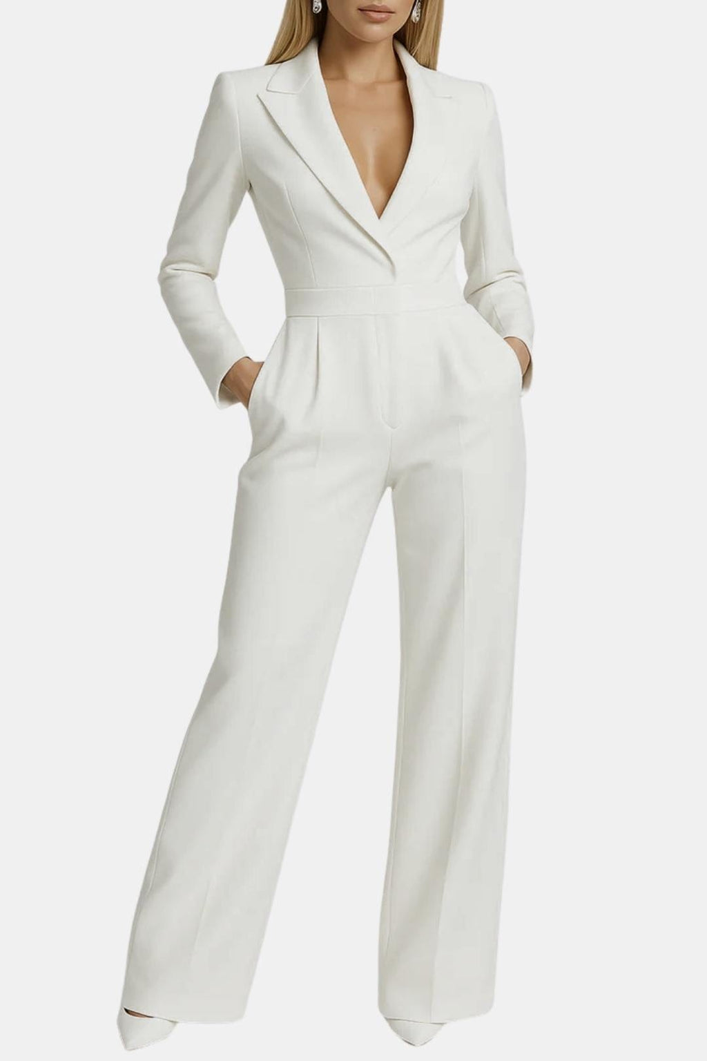 White tailored wrap-front jumpsuit with long sleeves, V-neck and wide-leg pants