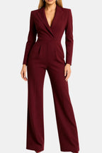 Burgundy tailored wrap-front jumpsuit with long sleeves and wide-leg pants