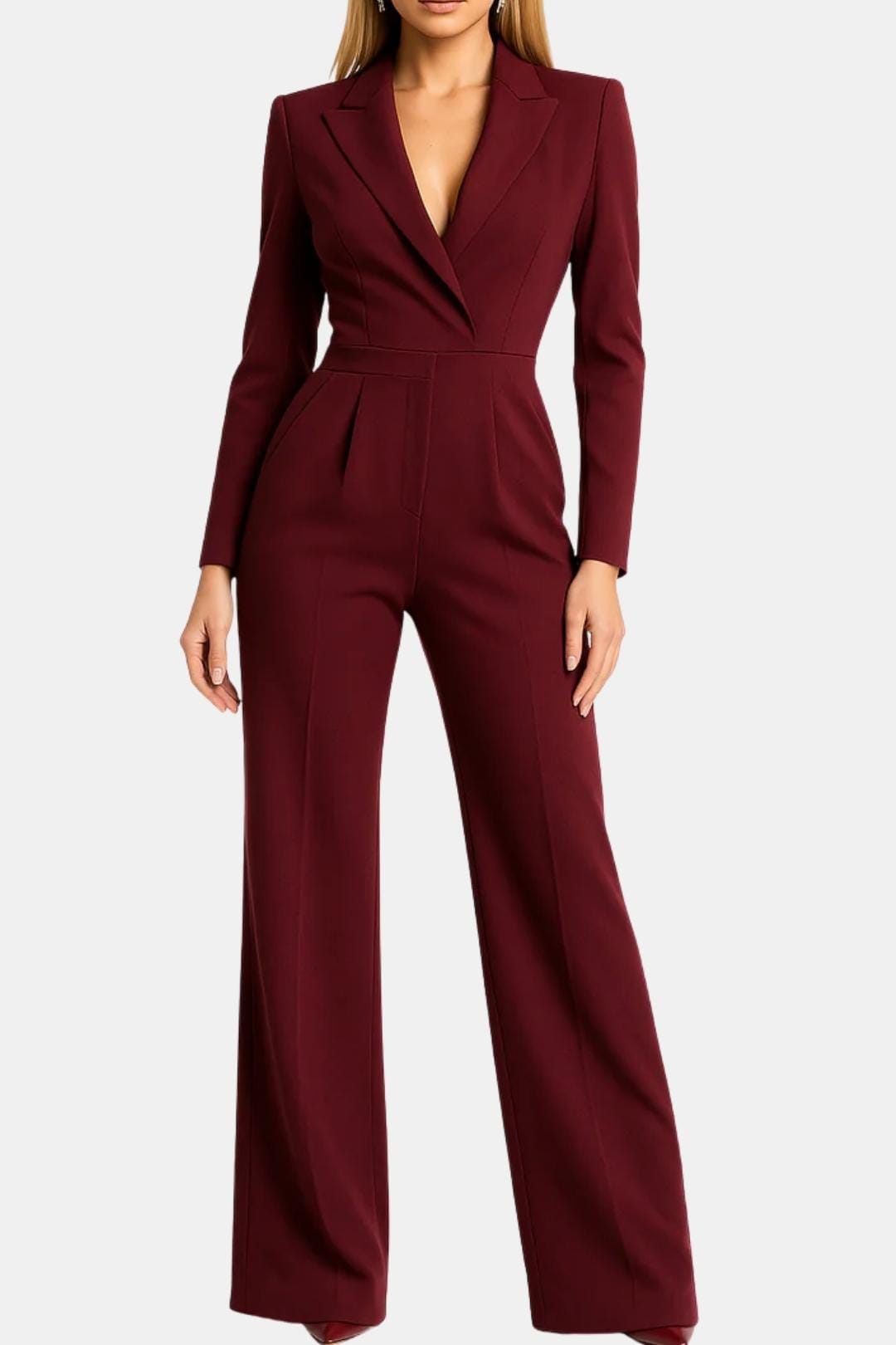 Burgundy tailored wrap-front jumpsuit with long sleeves and wide-leg pants