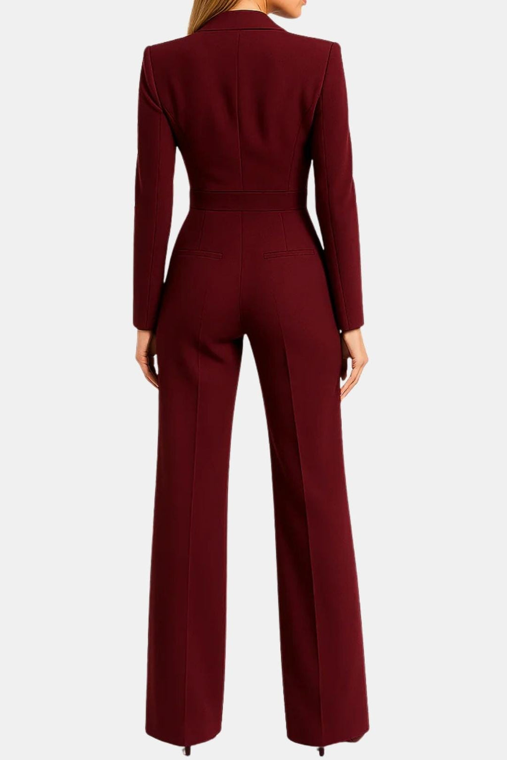 Burgundy tailored wrap-front jumpsuit, back view, long sleeves and wide-leg legs