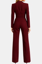 Burgundy tailored wrap-front jumpsuit, back view, long sleeves and wide-leg legs