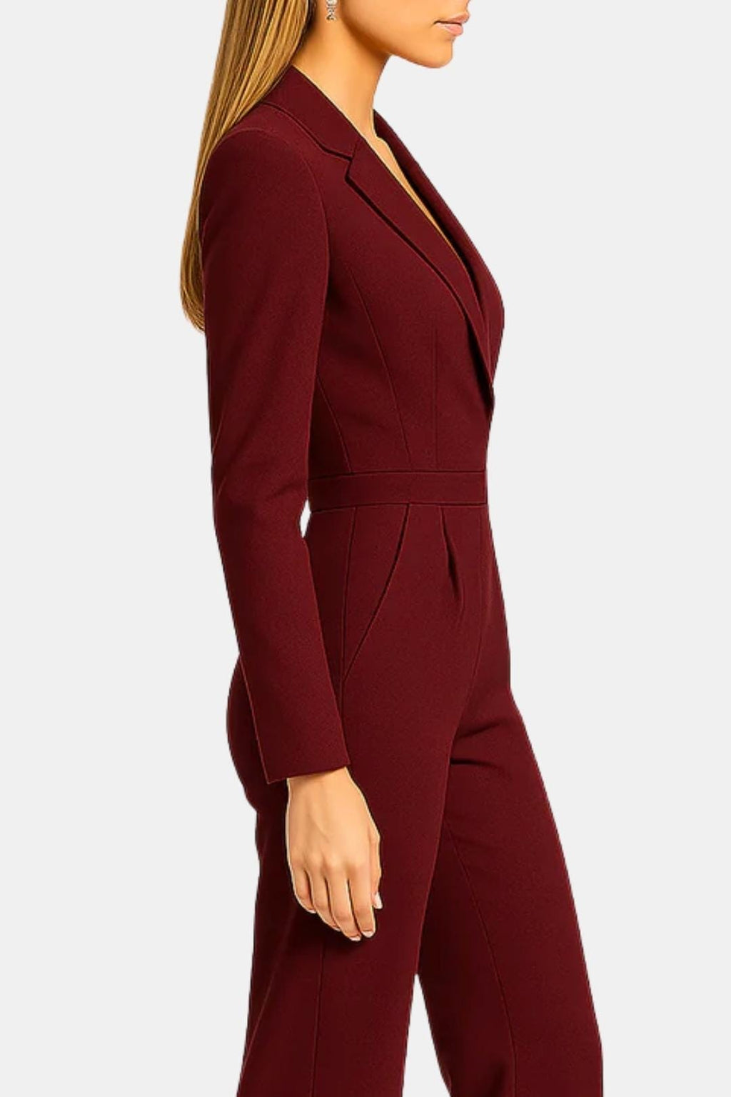 Burgundy tailored wrap-front jumpsuit with long sleeves, belted waist, wide legs