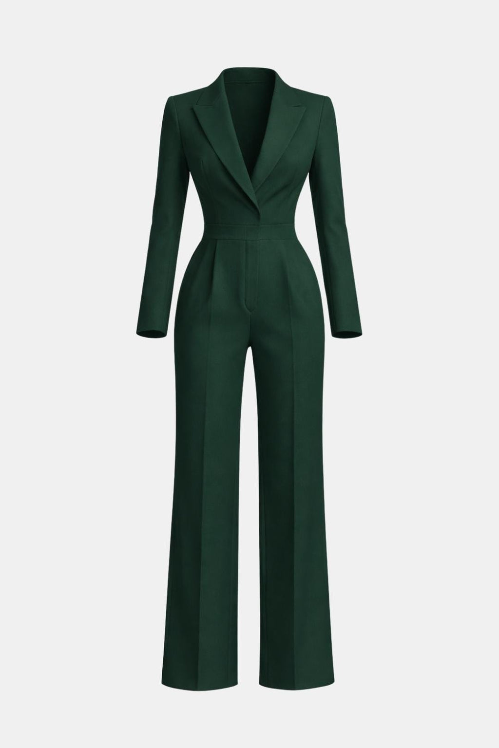 Green wrap-front tailored jumpsuit with long sleeves and wide-leg pants