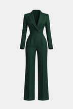 Green wrap-front tailored jumpsuit with long sleeves and wide-leg pants