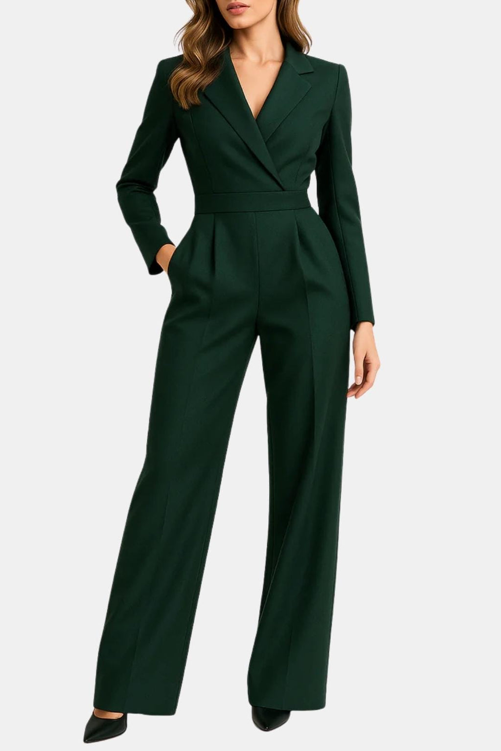 Green tailored wrap-front jumpsuit with long sleeves, deep V-neck and wide legs