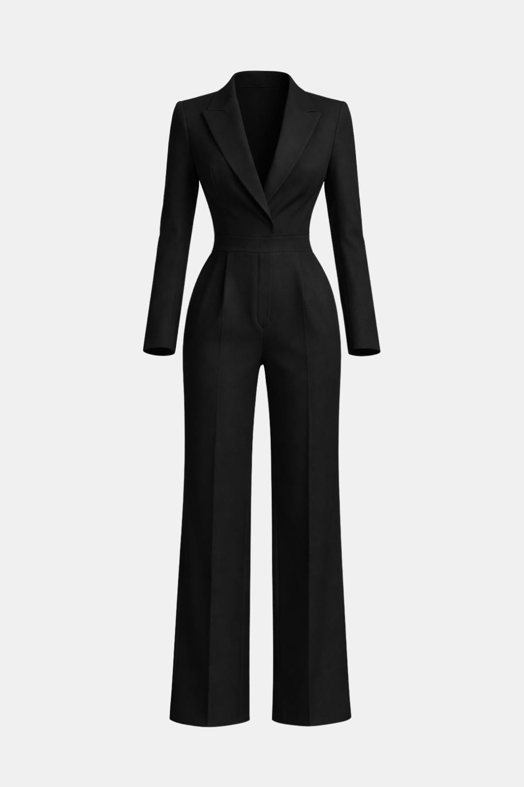 Black wrap-front tailored jumpsuit with long sleeves and wide-leg pants