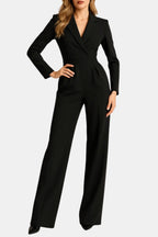 Black tailored wrap-front jumpsuit with long sleeves, V-neck and wide-leg pants