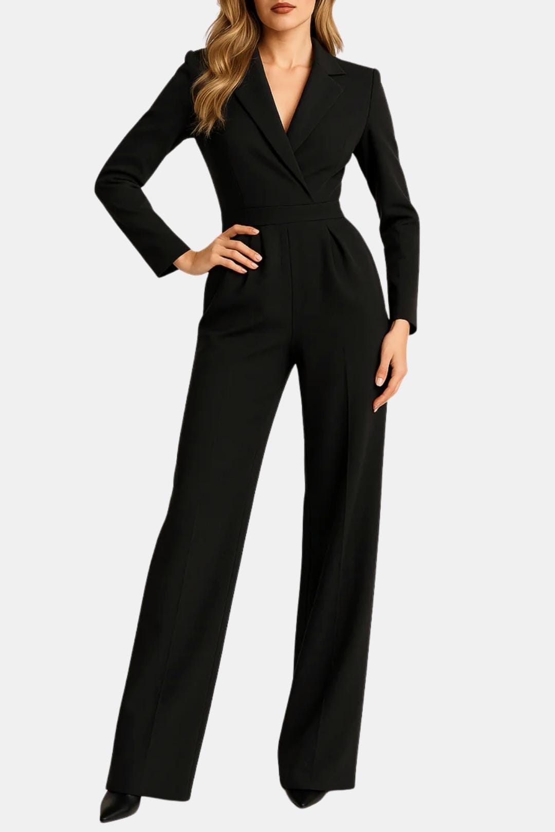 Black tailored wrap-front jumpsuit with long sleeves, V-neck and wide-leg pants