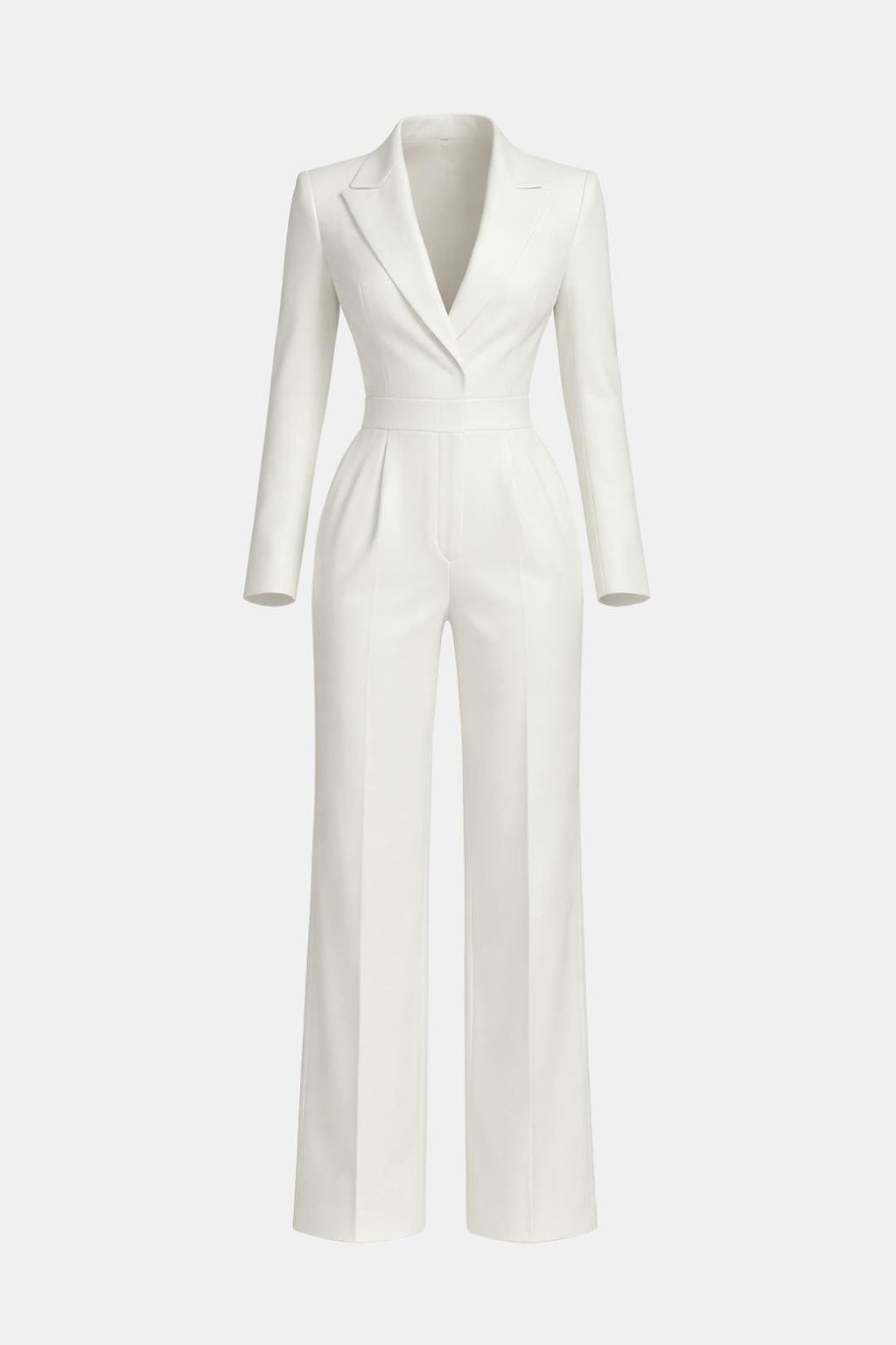 White wrap-front tailored jumpsuit with long sleeves and wide-leg pants