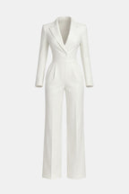 White wrap-front tailored jumpsuit with long sleeves and wide-leg pants