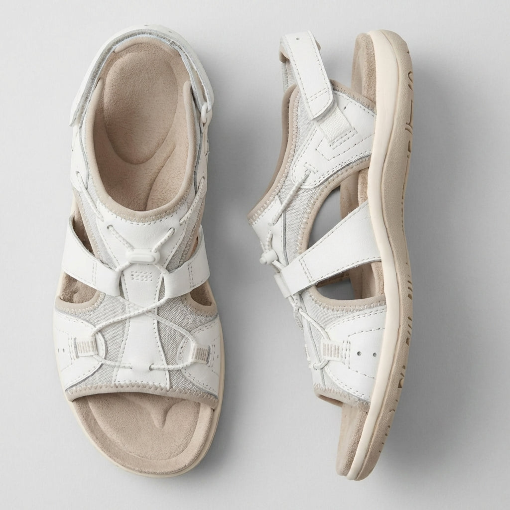 White orthopedic sandals with contoured footbed and adjustable straps