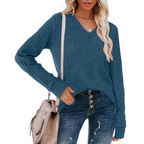 Lightweight V-neck tunic sweater, teal blue long sleeves and relaxed fit knit.