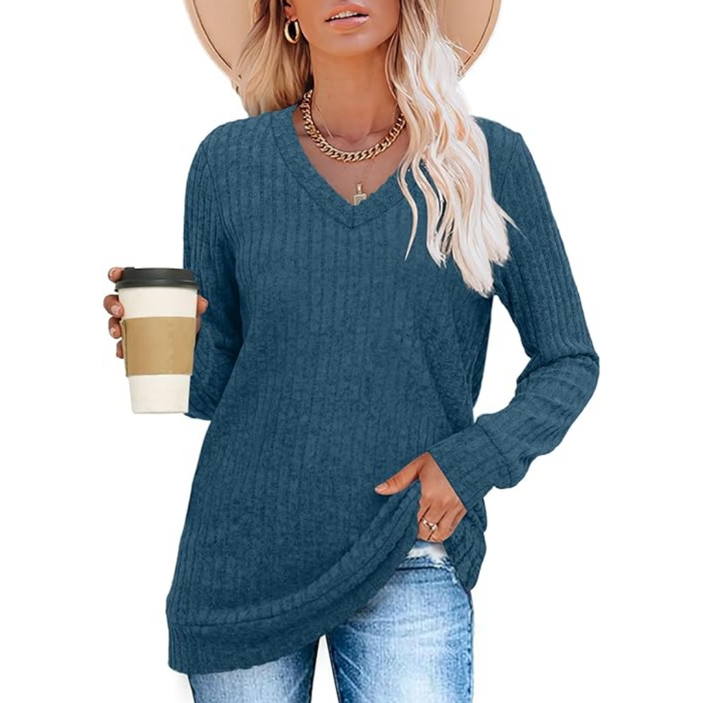 Lightweight V-neck tunic sweater in teal blue, long sleeves and side drape hem.
