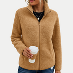 Beige textured fleece full-zip jacket with stand collar and long sleeves