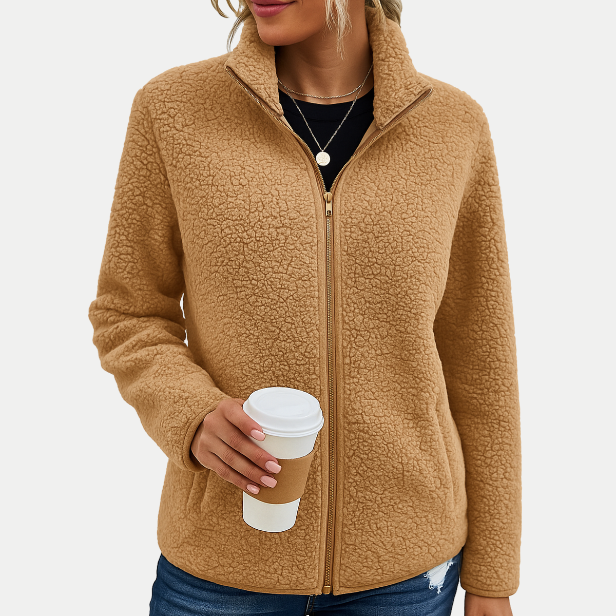 Beige textured fleece full-zip jacket with stand collar and long sleeves