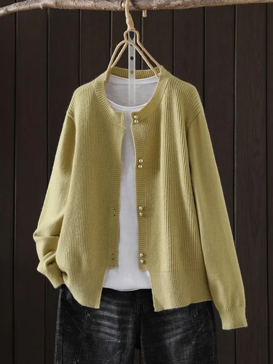 Women's button-front ribbed-cuff sweater, olive yellow