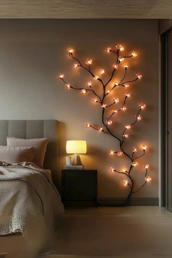 LED cherry blossom vine wall art with warm glowing lights and branching tree shape