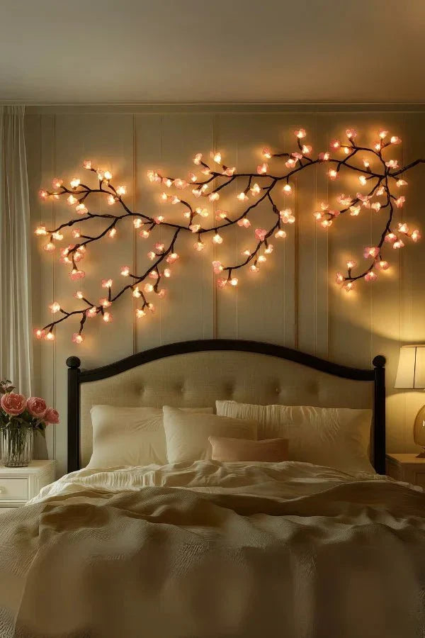 LED cherry blossom vine wall art with softly glowing blossoms along curved branches