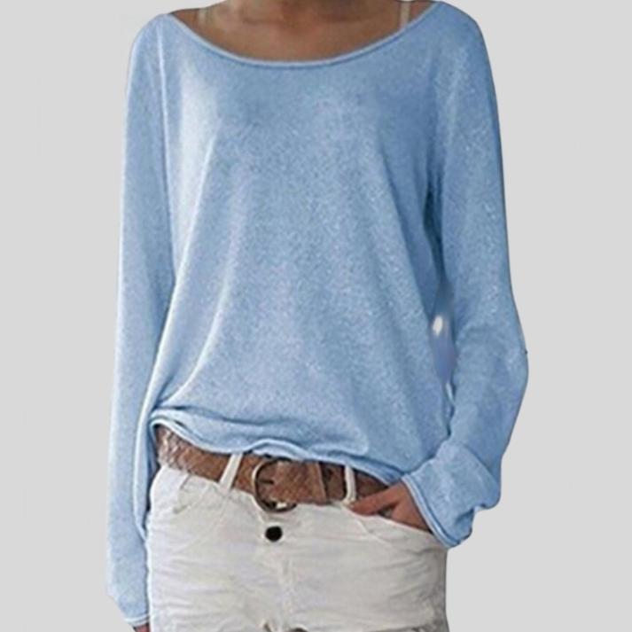 Women’s long-sleeve sweater, relaxed fit, blue solid knit with round neckline
