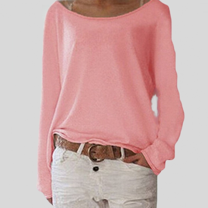 Women’s long-sleeve sweater, relaxed fit, pink solid knit with round neckline