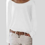 Women’s long-sleeve sweater, relaxed fit, white solid knit with round neckline