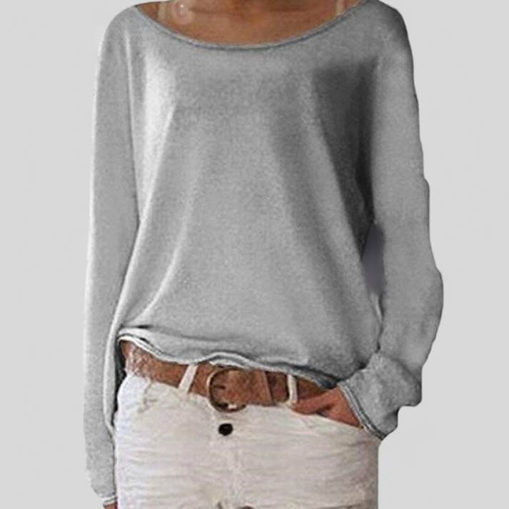 Women’s long-sleeve sweater, relaxed fit, gray solid knit with round neckline