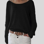 Women’s long-sleeve sweater, relaxed fit, black solid knit with round neckline