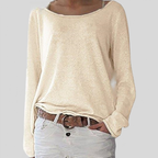 Women’s long-sleeve sweater, relaxed fit, light brown solid knit with round neckline